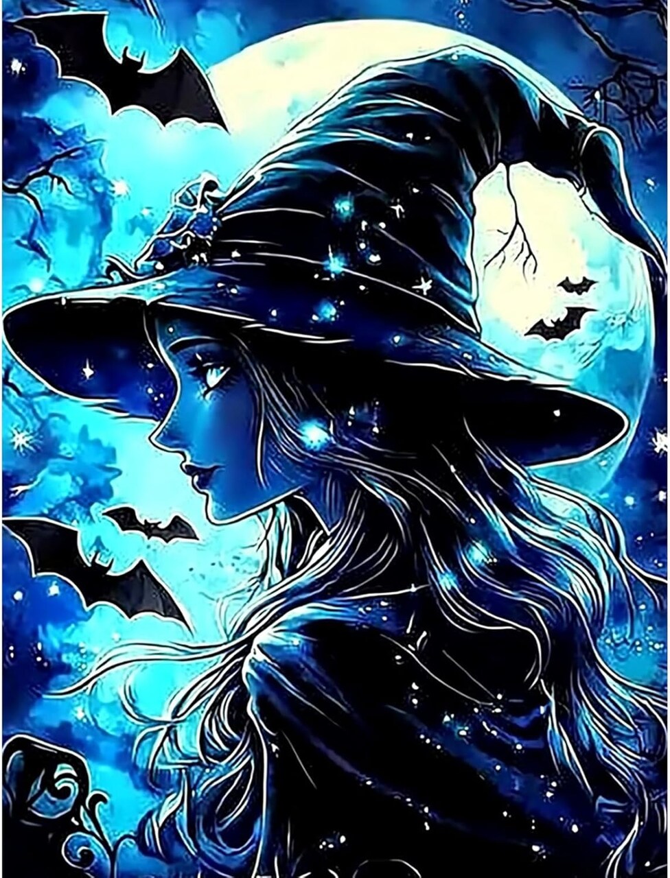 Witch Diamond Painting Kits for Adults – Retro Halloween DIY Full Drill Diamond Art, Beginner-Friendly, 12x16 Inch